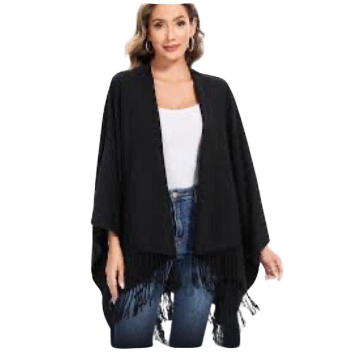White House Black Market Black Poncho Shawl Wrap Cardigan O/S Fringe